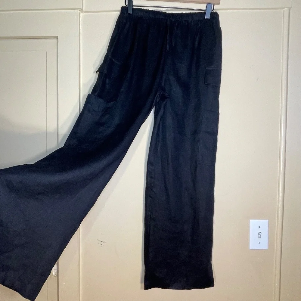 Black Linen Wide-Leg Cargo Pants